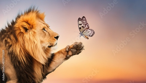  A lion's paw swipes at a fluttering butterfly, its claws extended in a gentle, playful swipe. The butterfly dances just out of re photo