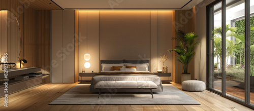 Modern bedroom with a sleek design, minimalist decor, and a calming atmosphere. 32k, full ultra HD, high resolution. © Rai