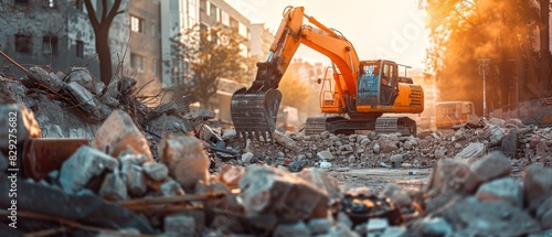  Industrial excavator amidst rubble at a construction site