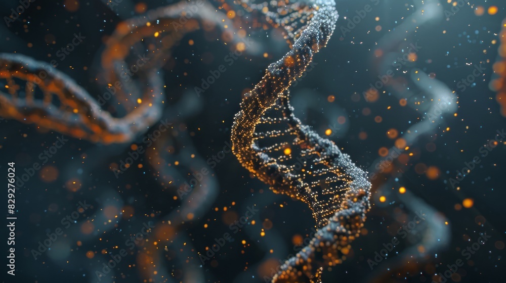 Close-up of twisted double helix DNA strand on dark background Close-up of twisted double helix DNA strand on dark background