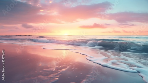 Serene sunrise over a calm ocean with gentle waves and a sandy beach