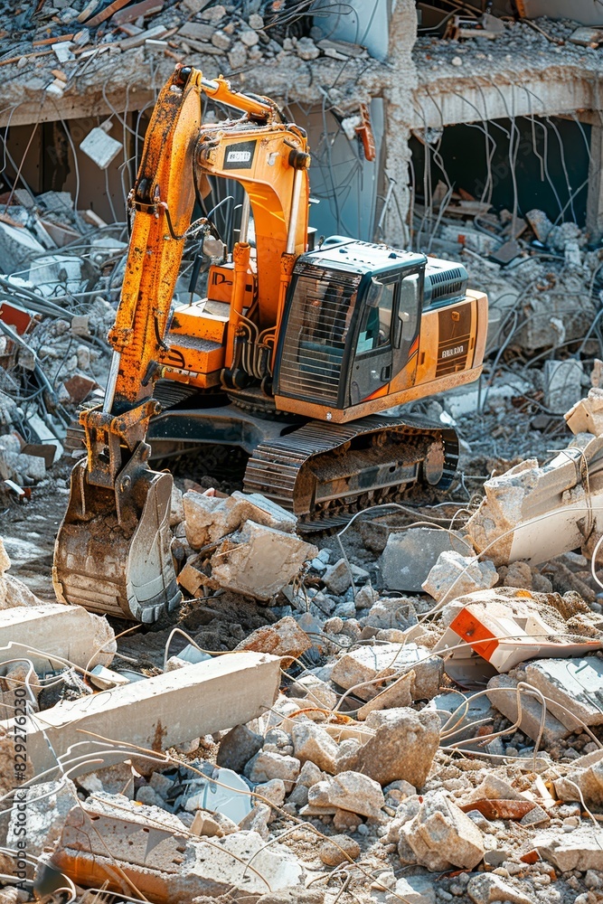 Industrial excavator amidst rubble at a construction site Industrial excavator amidst rubble at a construction site