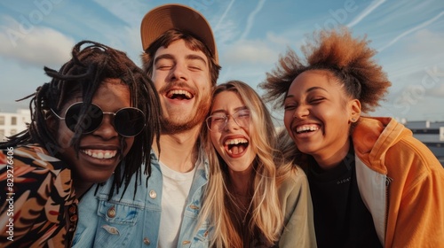 Group of happy young friends laughing in the city with blue sky background.