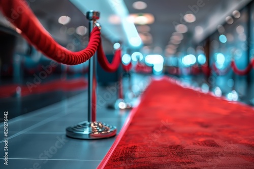 Red carpet fence with red ropes interior background out of focus photo