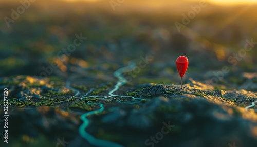 Red pin marks location on abstract travel map Background for concept of traveling photo