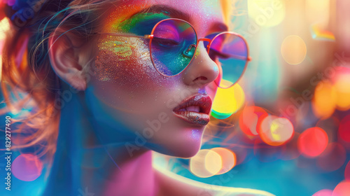 portrait of a young woman with rainbow makeup in sunglasses on city background, stylish girl, fashion, glitter, face, person, neon, glamour, light, colorful, shiny, skin, lips, lipstick, style, party photo
