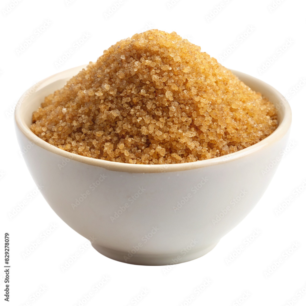 A white bowl filled with brown sugar on transparent background A white bowl filled with brown sugar on transparent background