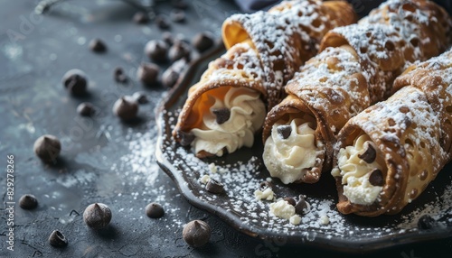 Sicilian cannoli with ricotta cream focused with blank space