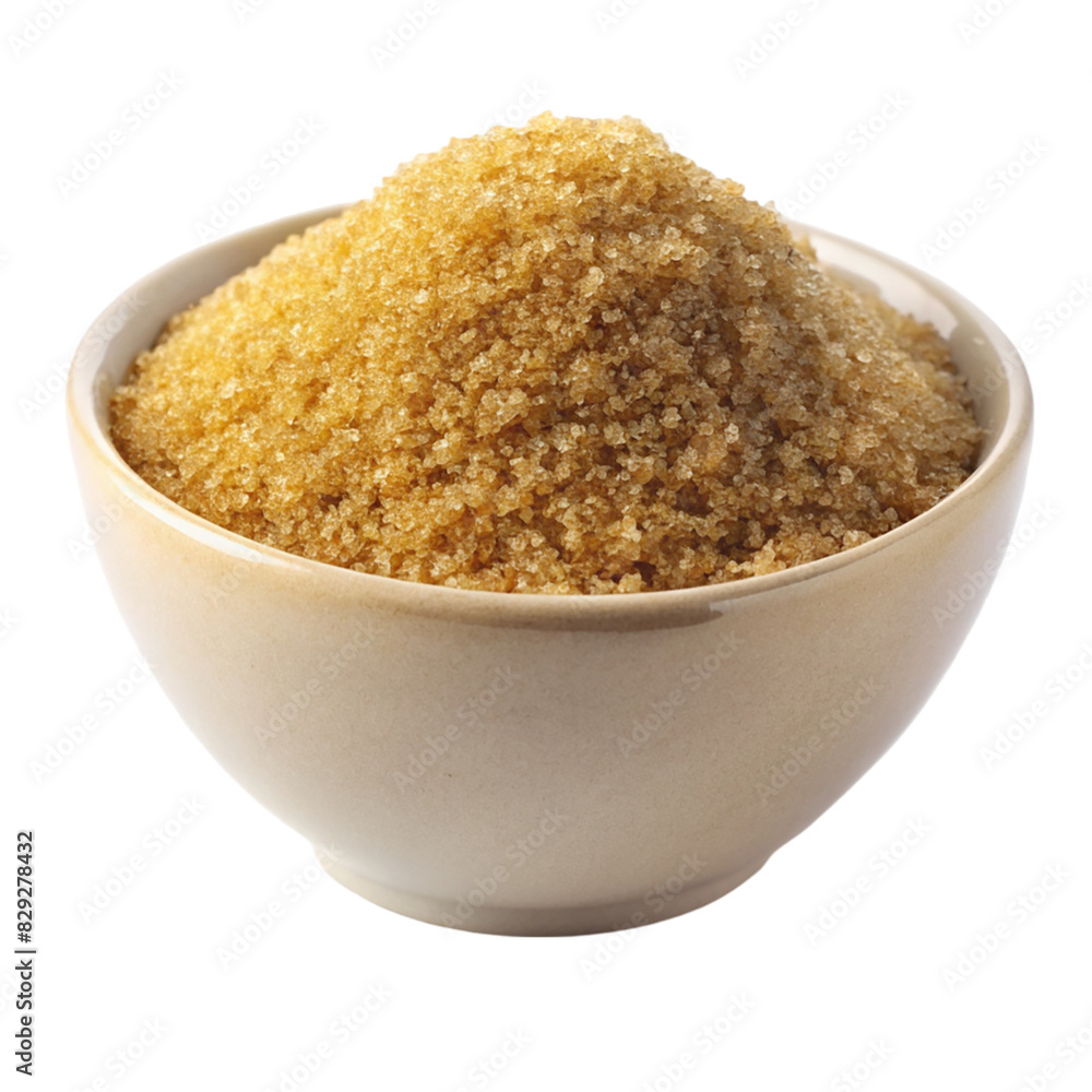 A white bowl filled with brown sugar on transparent background A white bowl filled with brown sugar on transparent background