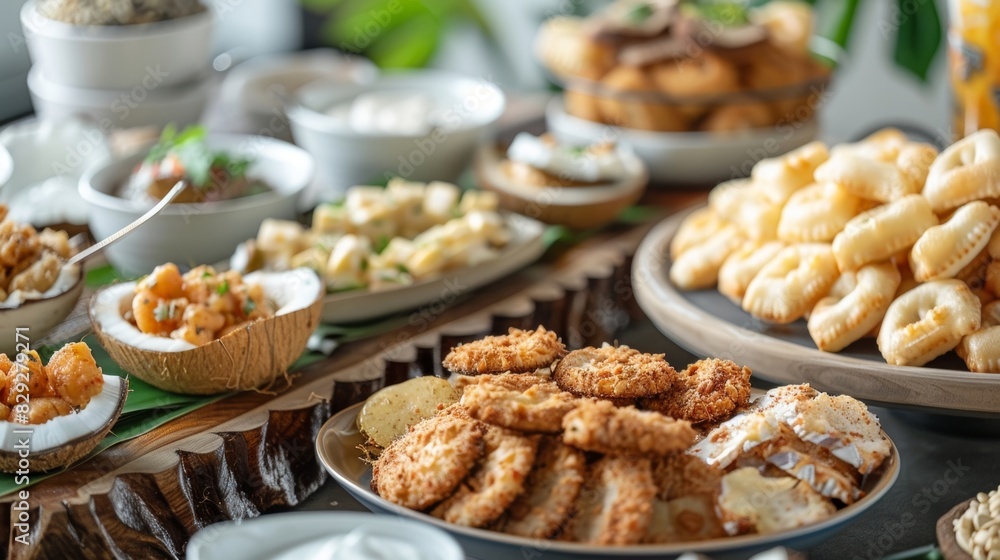 A beautiful spread of coconutinspired snacks and appetizers are on display for a midclass break. A beautiful spread of coconutinspired snacks and appetizers are on display for a midclass break.