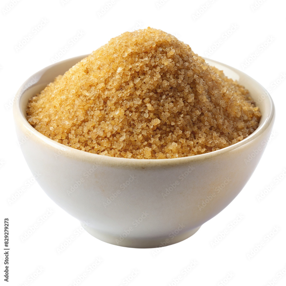 A white bowl filled with brown sugar on transparent background A white bowl filled with brown sugar on transparent background