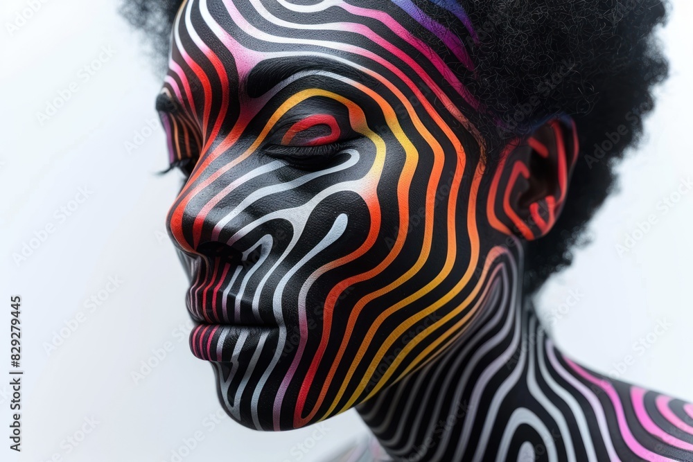 Portrait of black woman with visual distortion effect, striking portrait with visual illusion stripes and waves, AI generated image