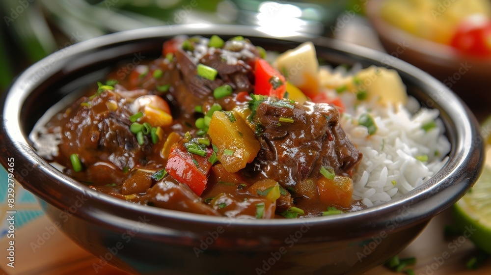 Tender oxtail stew slowcooked in a rich and savory Caribbean sauce served with hot buttered rice.