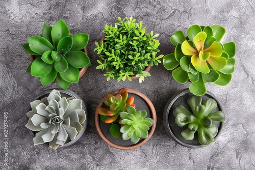 Top view of 3 mini artificial green potted plants for home decor photo