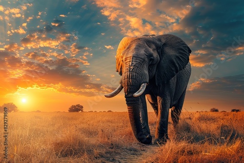 Elephant on beautiful sunset in natural environment photo