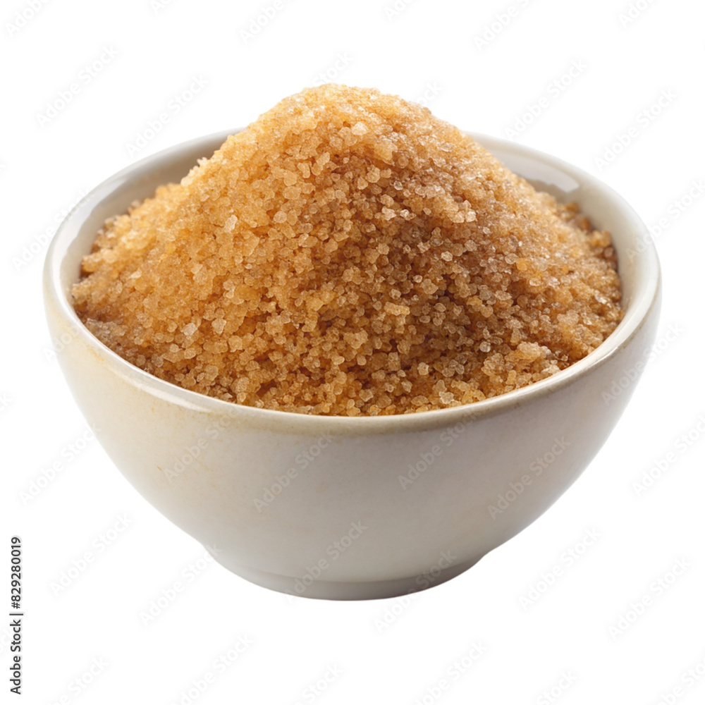 A white bowl filled with brown sugar on transparent background A white bowl filled with brown sugar on transparent background