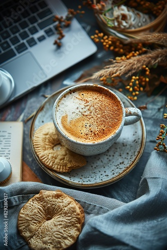 Top view  office afternoon tea scene  dinner plate  Solid background coffee cup Office desk Simple  light luxury  simple scene  dried pork slices       Nikon camera  Generate AI.