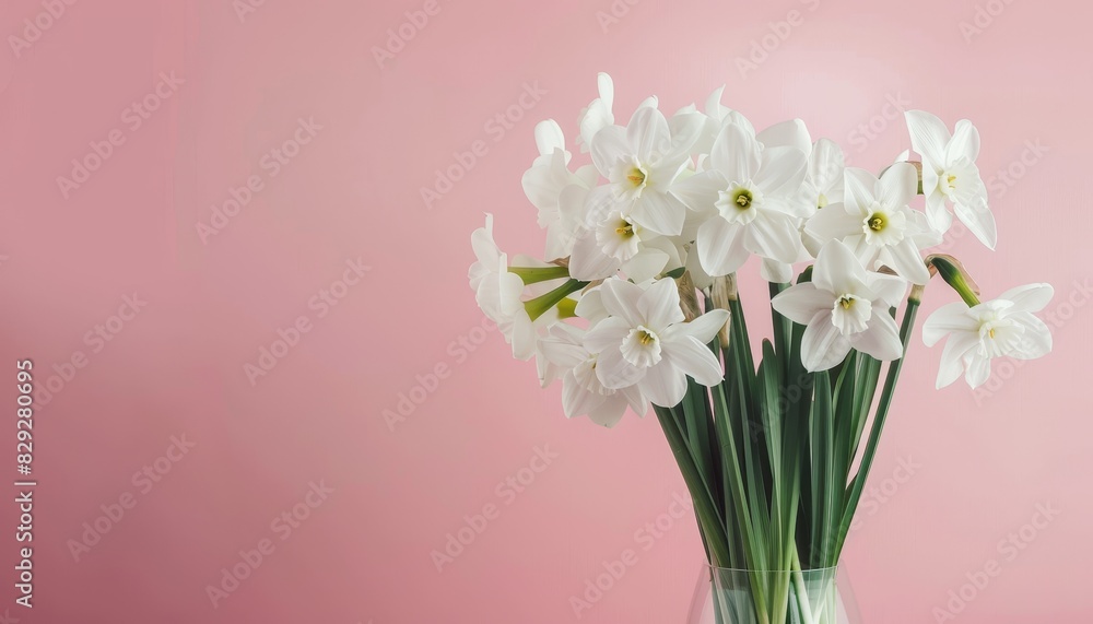 Spring composition of white narcissus flowers in front of pink background