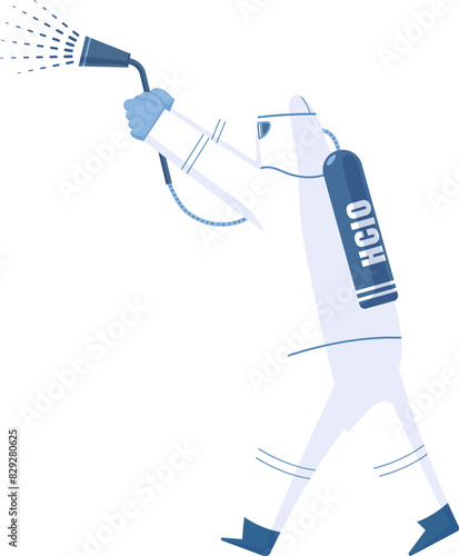 Man in hazmat suit holding sprayer