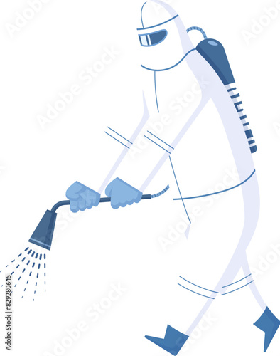Man in hazmat suit holding sprayer