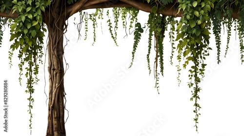 Messy jungle vines liana plant climbing hanging on jungle tree trunk and twisted around tree branch  isolated on transparent background.