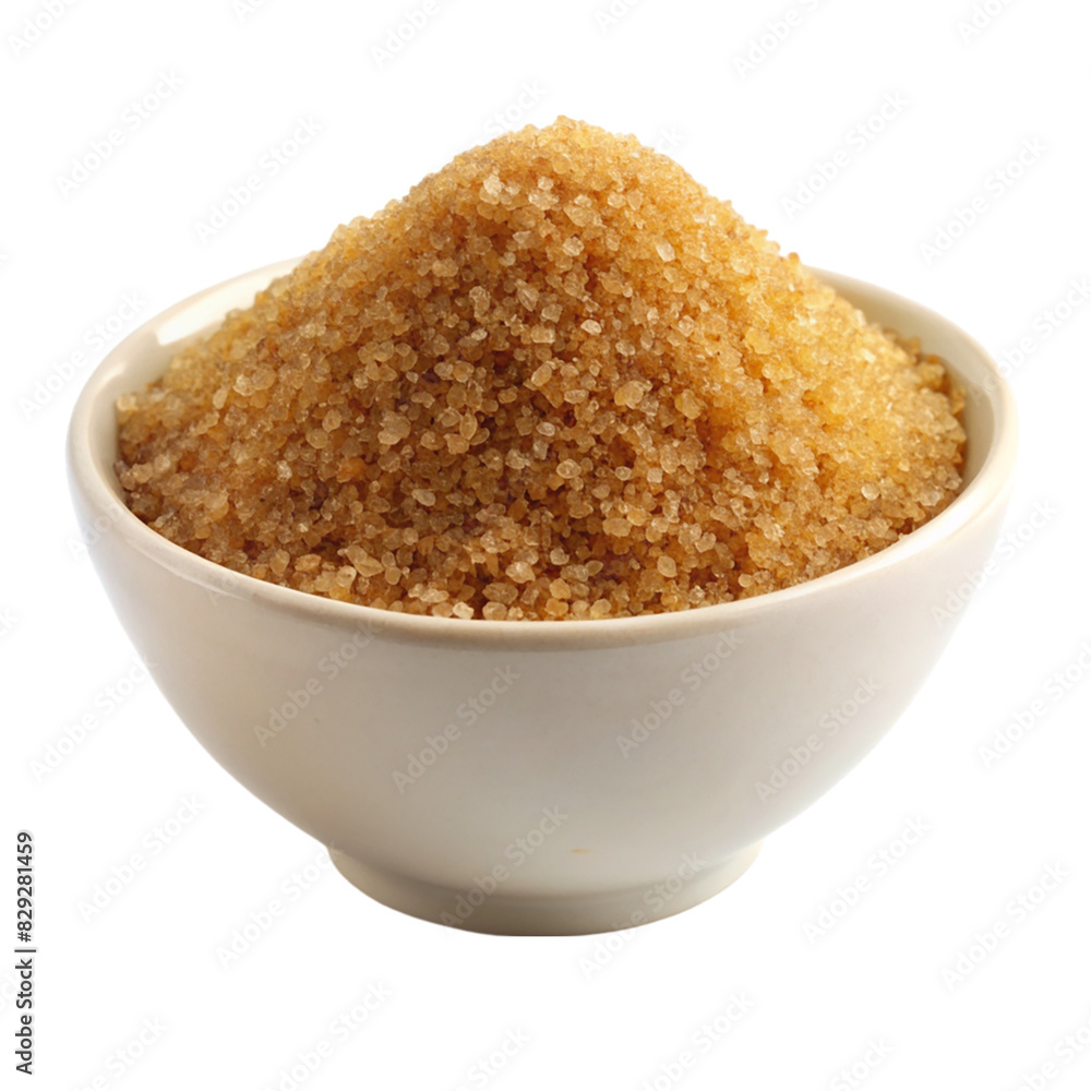 A white bowl filled with brown sugar on transparent background A white bowl filled with brown sugar on transparent background