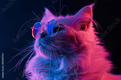 Stylish portrait of white cat in glasses under neon light Luxurious kitty poses on black background