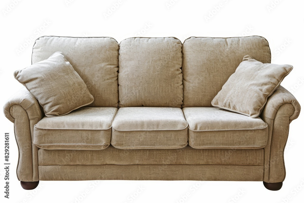 Naklejka premium Three seat beige fabric sofa isolated on white background
