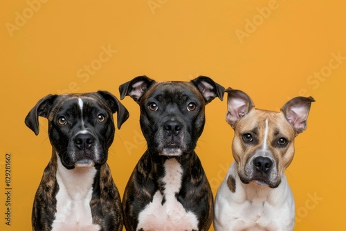 Three shelter dogs in a studio with a plain background