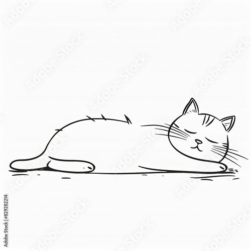 Cute hand-drawn illustration of a sleeping cat, minimalist black and white art highlighting simple lines and cozy feline relaxation. © ketsarin