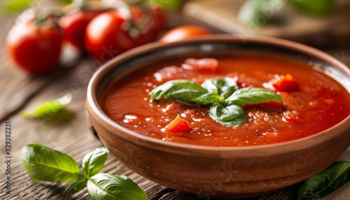 Tomato soup with basil on wooden table