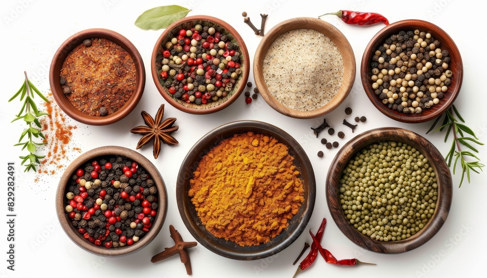 Top down view of diverse spices in a white bowl