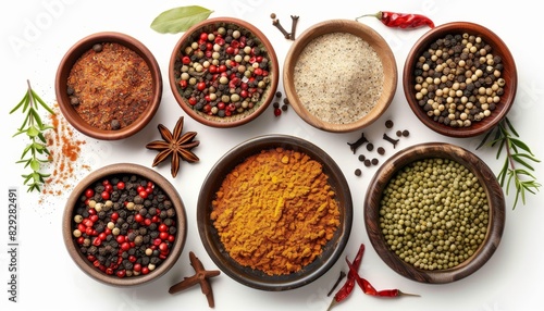 Top down view of diverse spices in a white bowl