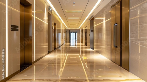 Luxurious corporate hallway with daytime lighting, ultraclear details, no people photo