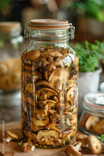 Homely jar of preserved mushrooms sits invitingly on a kitchen counter