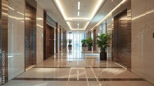 Luxurious corporate hallway with daytime lighting  ultraclear details  no people