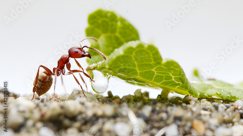 red ant on green leaf,
Close up of worker leafcutter ant Atta cephal photo