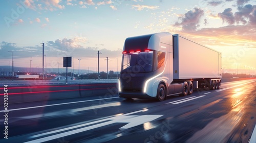 A concept of a self-driving delivery truck on a highway  logistics  dynamic and dramatic compositions. Background for business