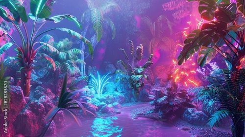 Neon jungle, exotic plants bathed in vibrant, electric light, a futuristic oasis