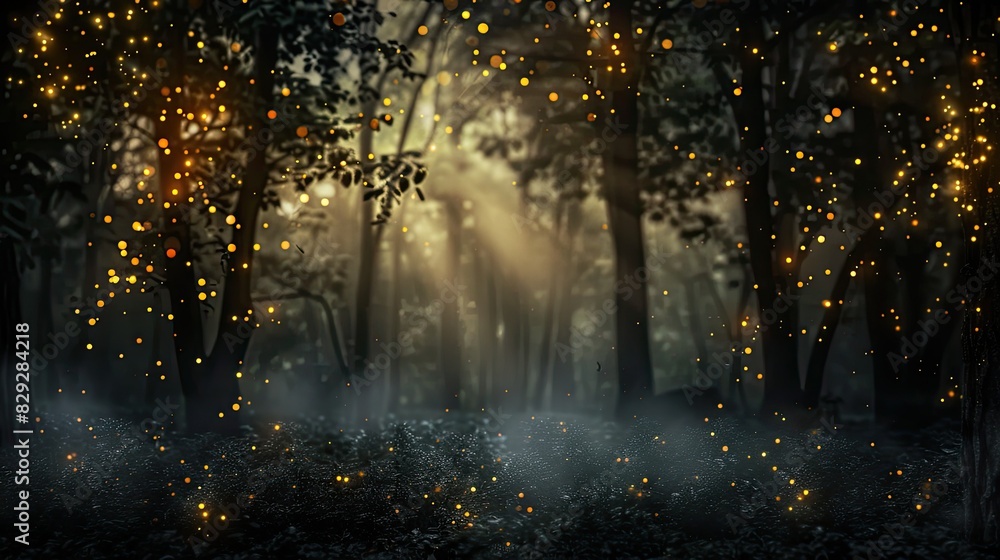 Mysterious foggy forest with golden bokeh lights