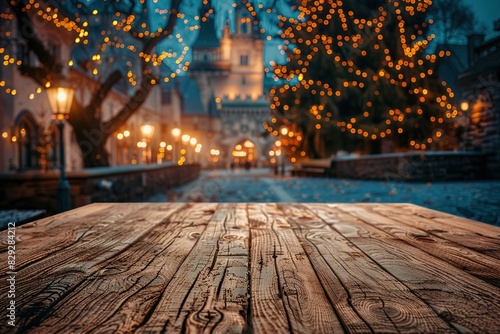 Empty Wooden table in front of medieval Town Square with lit trees in Christmas night. Gothic castle at night. Christmas Holidays