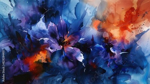 Moody midnight blues blend with fiery oranges in a cosmic explosion of abstract watercolor photo