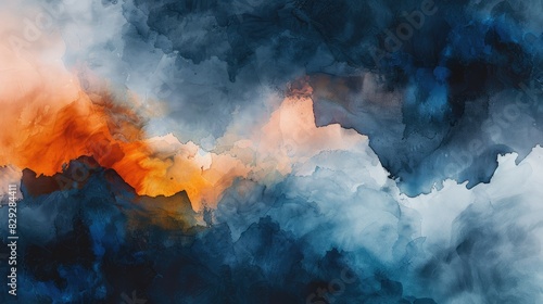 Moody midnight blues blend with fiery oranges in a cosmic explosion of abstract watercolor photo