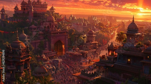 Enchanting sunset over an ancient city with crowds gathering for a festival