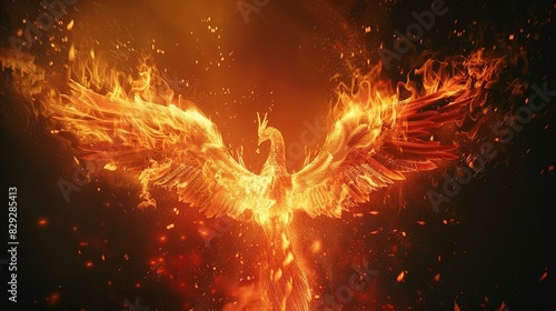 Fire Firebird Phoenix on Dark - Rebirth Symbol of Burning Wing Feather Fenix
