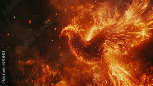 Fire Firebird Phoenix on Dark - Rebirth Symbol of Burning Wing Feather Fenix

