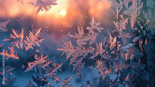 Ice crystals forming intricate patterns on a frozen windowpane photo