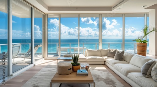 An oceanfront condominium with floor-to-ceiling windows offering stunning ocean vistas