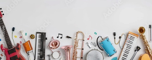 Panoramic back to school styled mockup featuring various musical instruments on a white background
