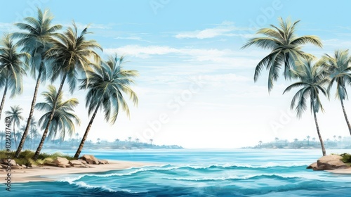 A line of palm trees framing white sand  against the background of a sparkling ocean illustrations 